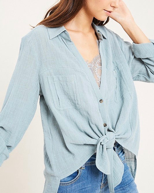 Linen Front Button Down Self-Tie Shirt in Mint
