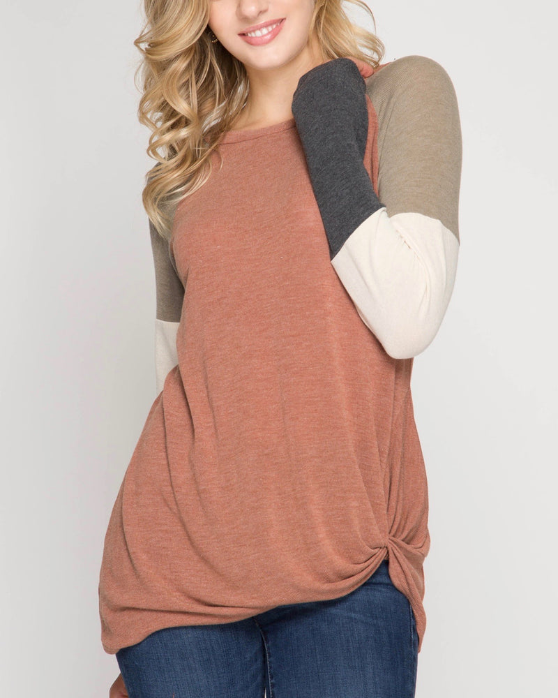 Long Color Blocked Sleeve Top with Front Twist in Cinnamon