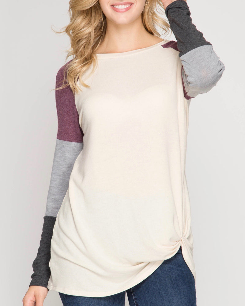Long Color Blocked Sleeve Top with Front Twist in Vanilla