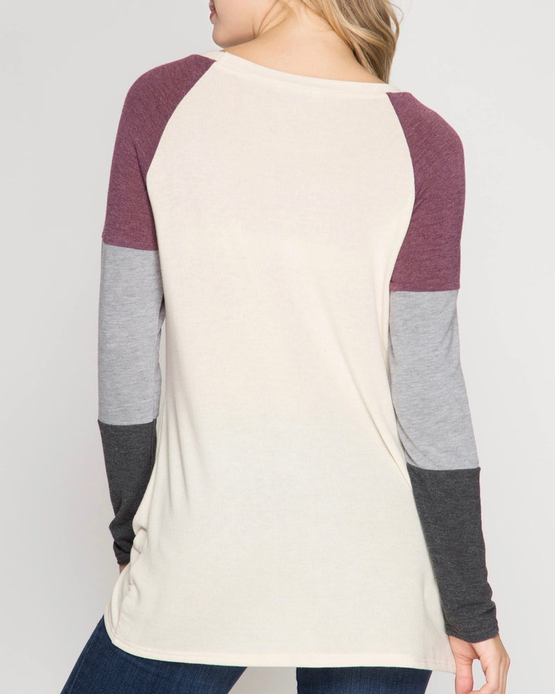 Long Color Blocked Sleeve Top with Front Twist in Vanilla