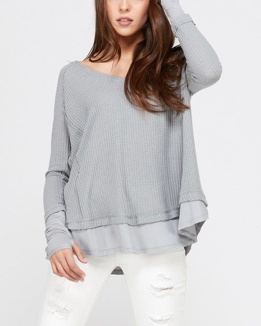 Thumb Hole Long Sleeve Layered V-Neck Waffle Knit Thermal Sweater Top in Grey