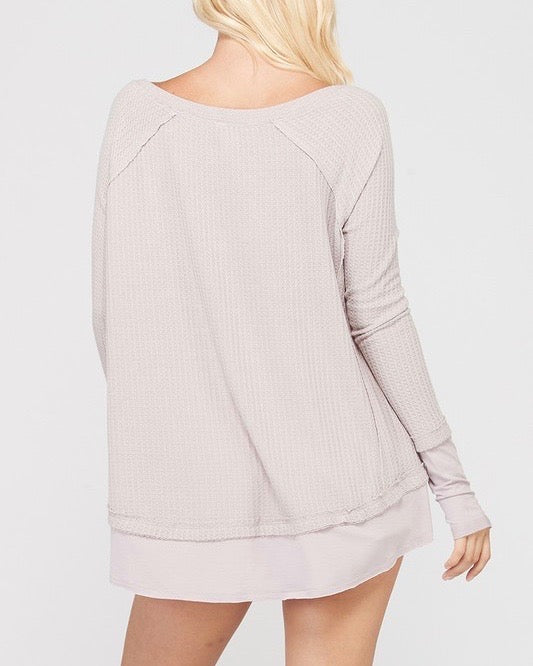 Thumb Hole Long Sleeve Layered V-Neck Waffle Knit Thermal Sweater Top in Lavender