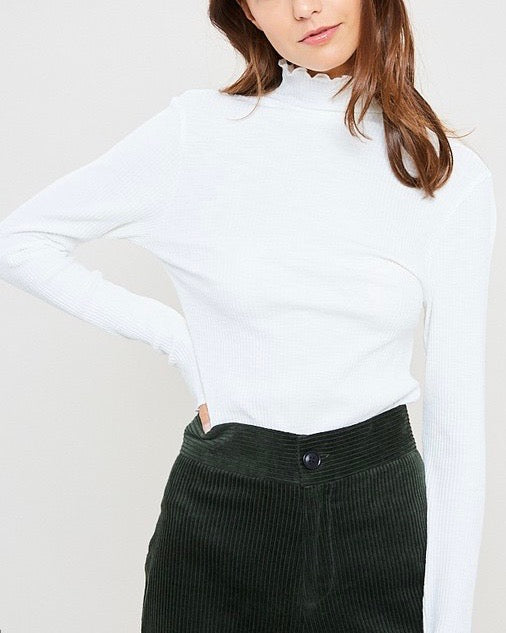 Long Sleeve Ribbed Mock Neck Knit Top in Off White
