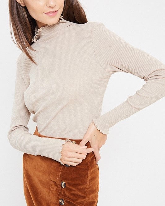 Long Sleeve Ribbed Mock Neck Knit Top in Stone