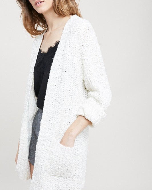 Textured Sweater Knit Long Sleeve Open Front Cardigan with Pocket in Natural