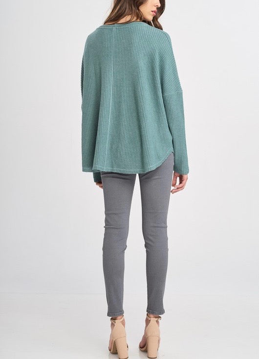 EVA Long Sleeve Thermal Waffle Knit V-Neck Button Down Lightweight Sweater in Pistachio