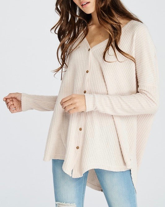 EVA Long Sleeve Thermal Waffle Knit V-Neck Button Down Lightweight Sweater in Taupe