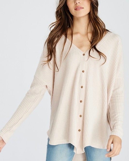 EVA Long Sleeve Thermal Waffle Knit V-Neck Button Down Lightweight Sweater in Taupe