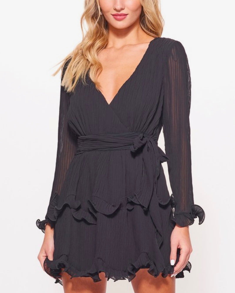 Long Sleeve Tiered Ruffle Chiffon V-neck Dress with Tie Waist in Black