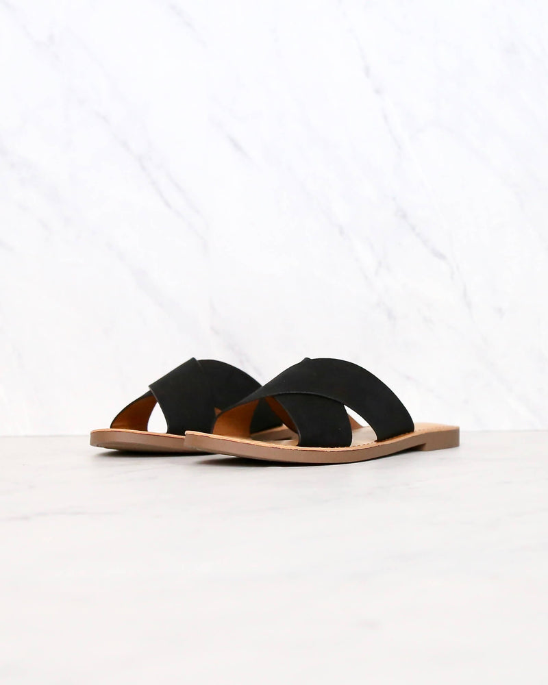 Coco Criss Cross Faux Suede Slip On Flat Sandals in Black
