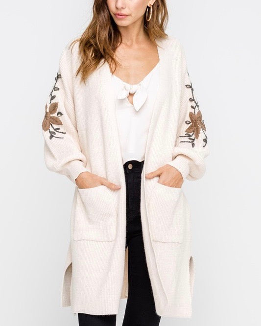 Lush Clothing - Open Front Darling Floral Embroidered Balloon Sleeve Knit Cardigan in Cream