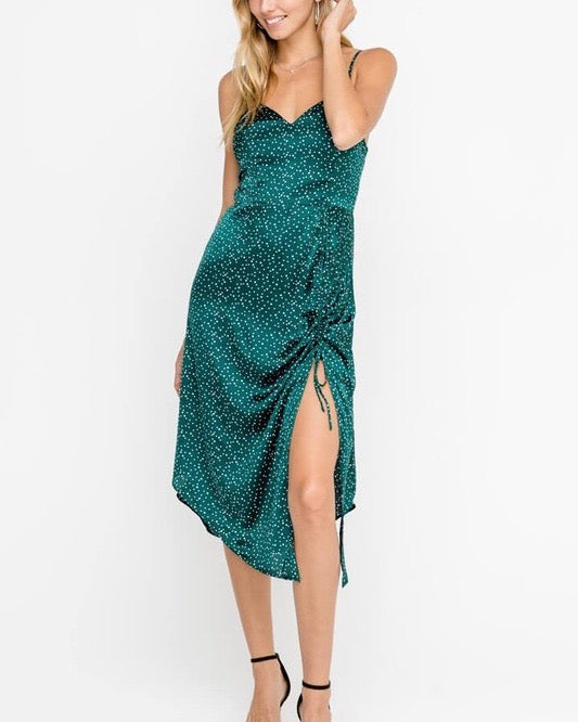 LUSH - Silky Dotted Sleeveless Drawstring Accent Cocktail Midi Dress in Green
