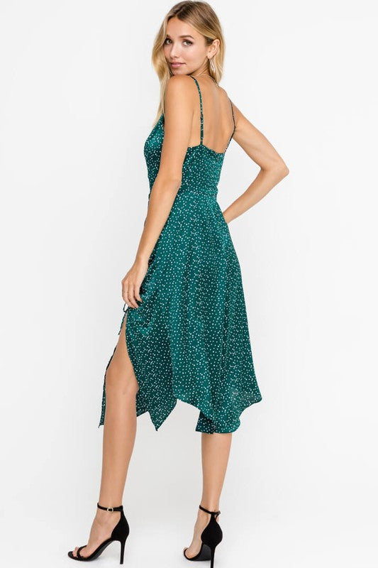 LUSH - Silky Dotted Sleeveless Drawstring Accent Cocktail Midi Dress in Green