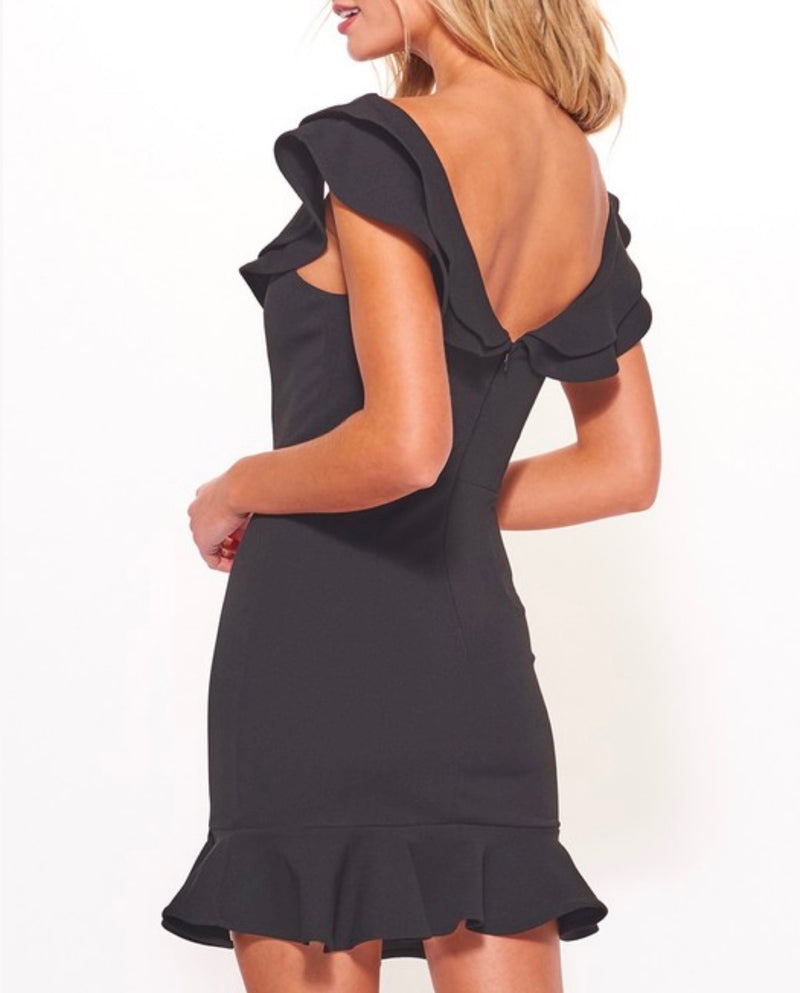 Making Wishes Off The Shoulder Ruffled Mini Bodycon Dress in Black