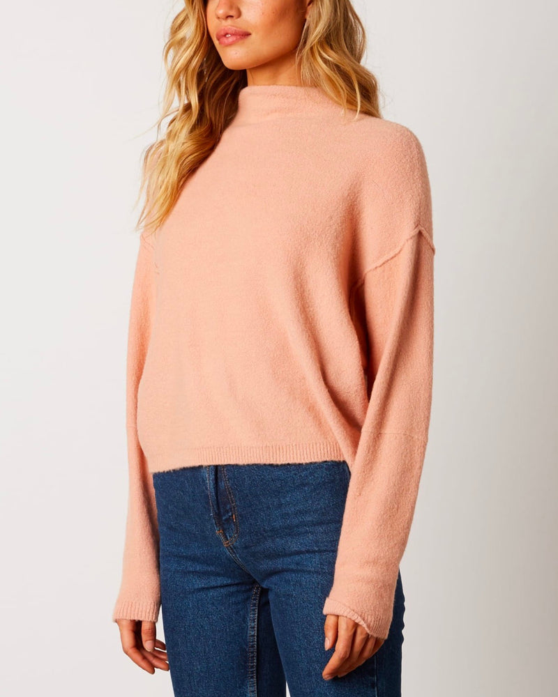 Cotton Candy LA - Mock Neck Ribbed Trim Dropped Shoulders Sweater in Blush