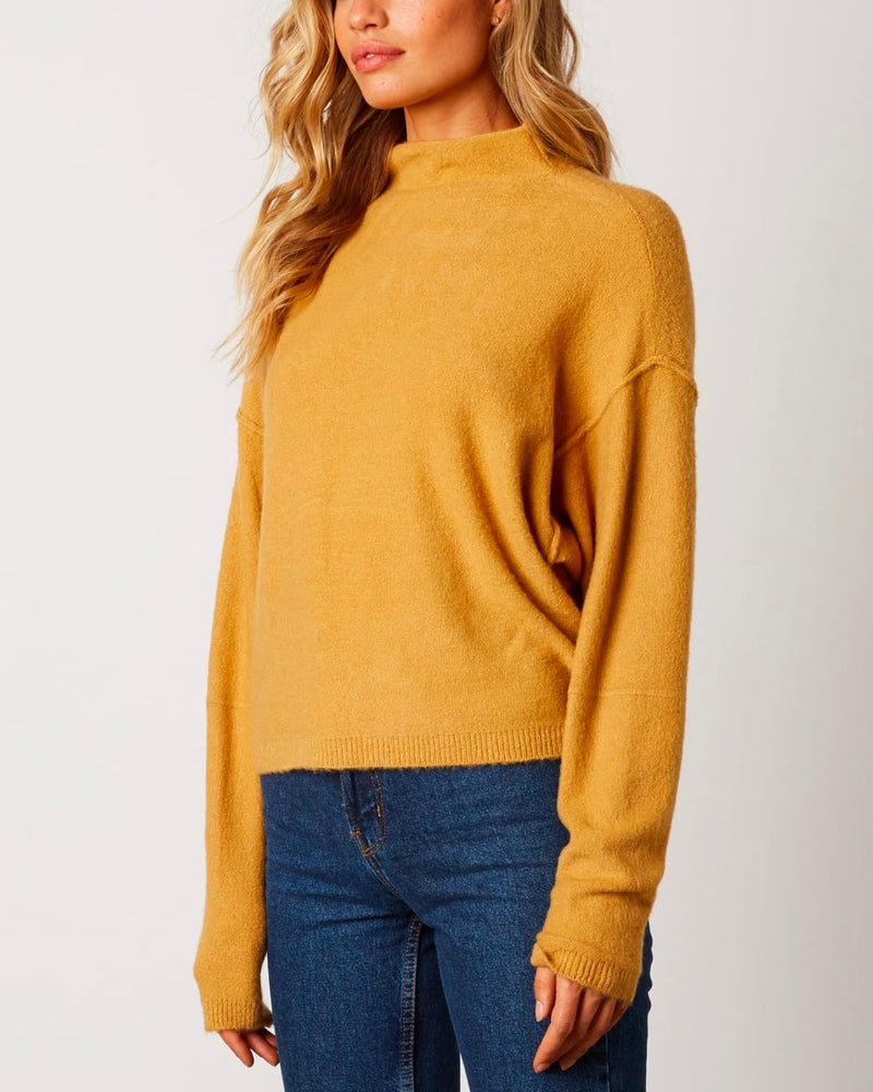 Cotton Candy LA - Mock Neck Ribbed Trim Dropped Shoulders Sweater in Honey