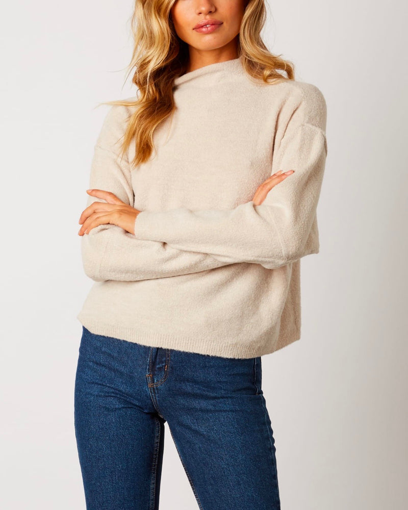 Cotton Candy LA - Mock Neck Ribbed Trim Dropped Shoulders Sweater in Oatmeal