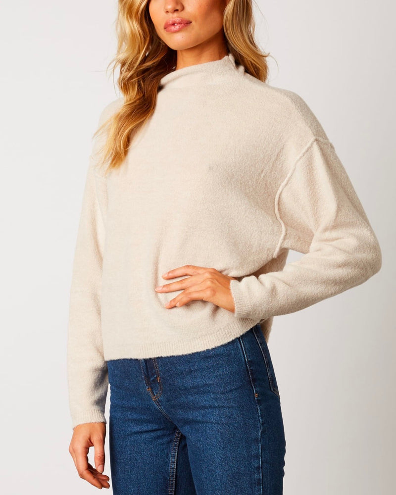 Cotton Candy LA - Mock Neck Ribbed Trim Dropped Shoulders Sweater in Oatmeal