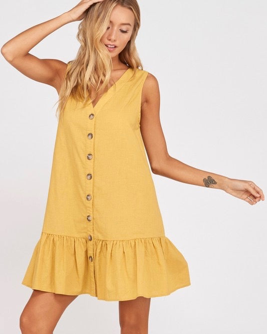 Sleeveless Buttoned Ruffle Hem Shift Dress in Mustard