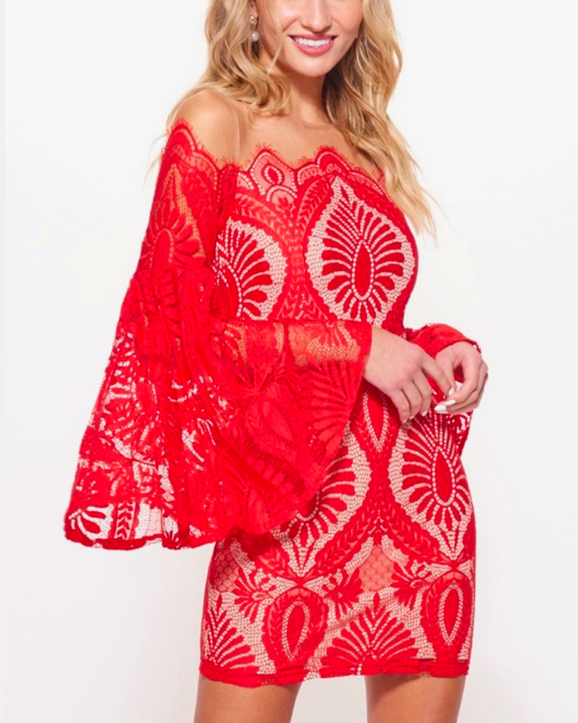 open lace back dress Red Long Sleeve Sheer Lace Mini Dress with Frilly Hem, L main image 0