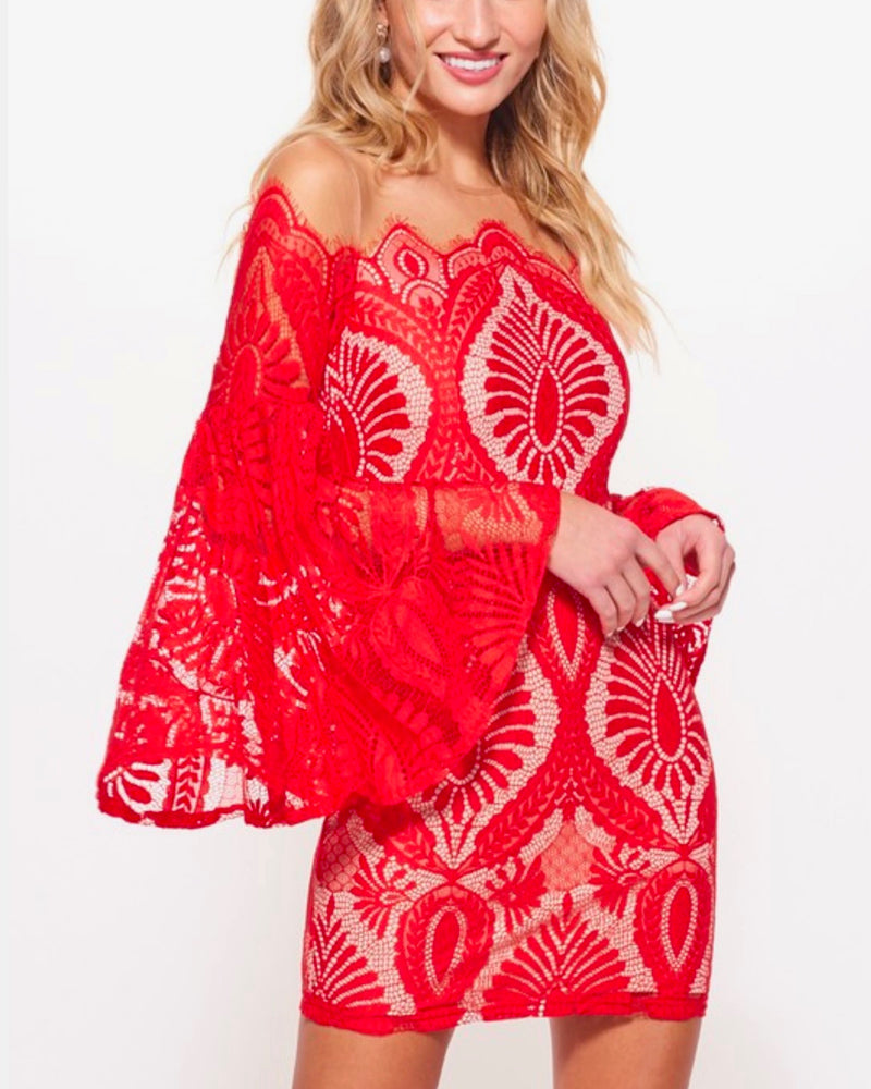 No Looking Back Bell Sleeved Lace Dress with Mesh Overlay in Red