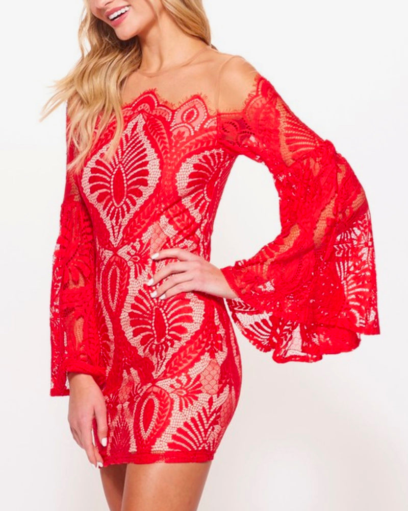 No Looking Back Bell Sleeved Lace Dress with Mesh Overlay in Red