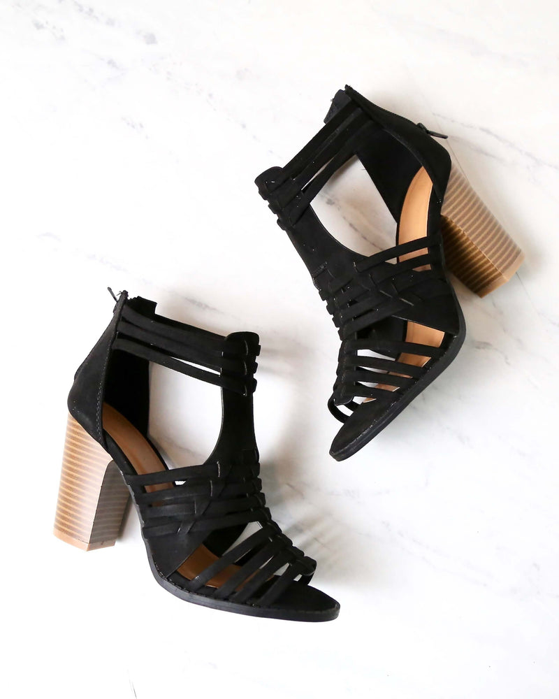 Nothing Breaks Like a Heart Cut Out Woven Ankle Strap Suede Peep Toe Booties in Black