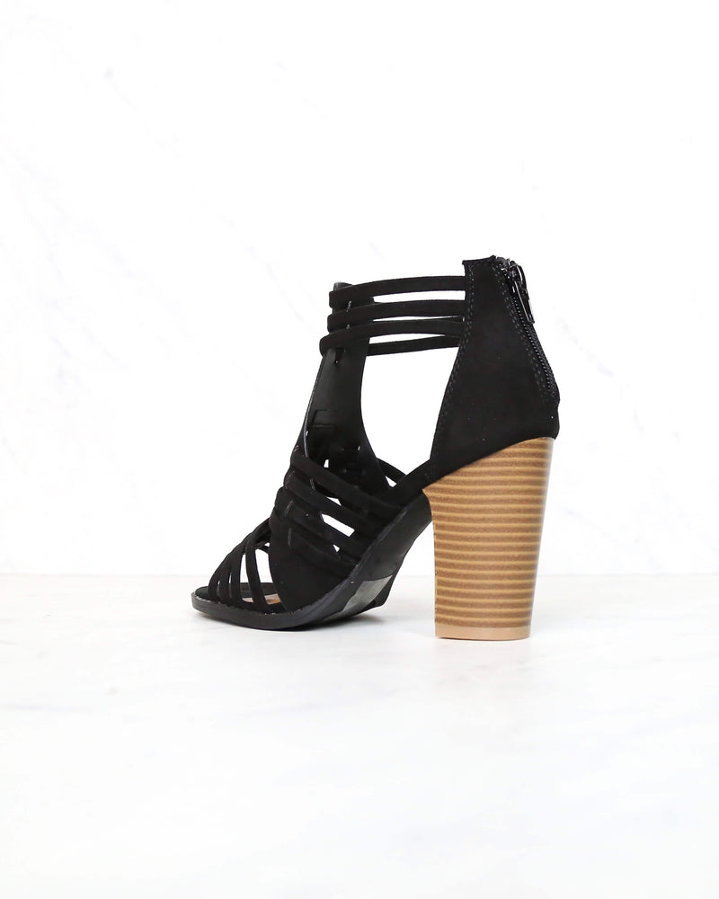 Nothing Breaks Like a Heart Cut Out Woven Ankle Strap Suede Peep Toe Booties in Black