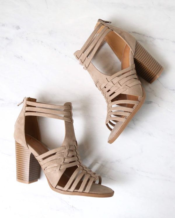 Nothing Breaks Like a Heart Cut Out Woven Ankle Strap Suede Peep Toe Booties in Taupe