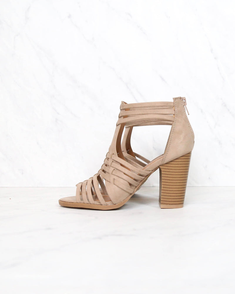 Nothing Breaks Like a Heart Cut Out Woven Ankle Strap Suede Peep Toe Booties in Taupe