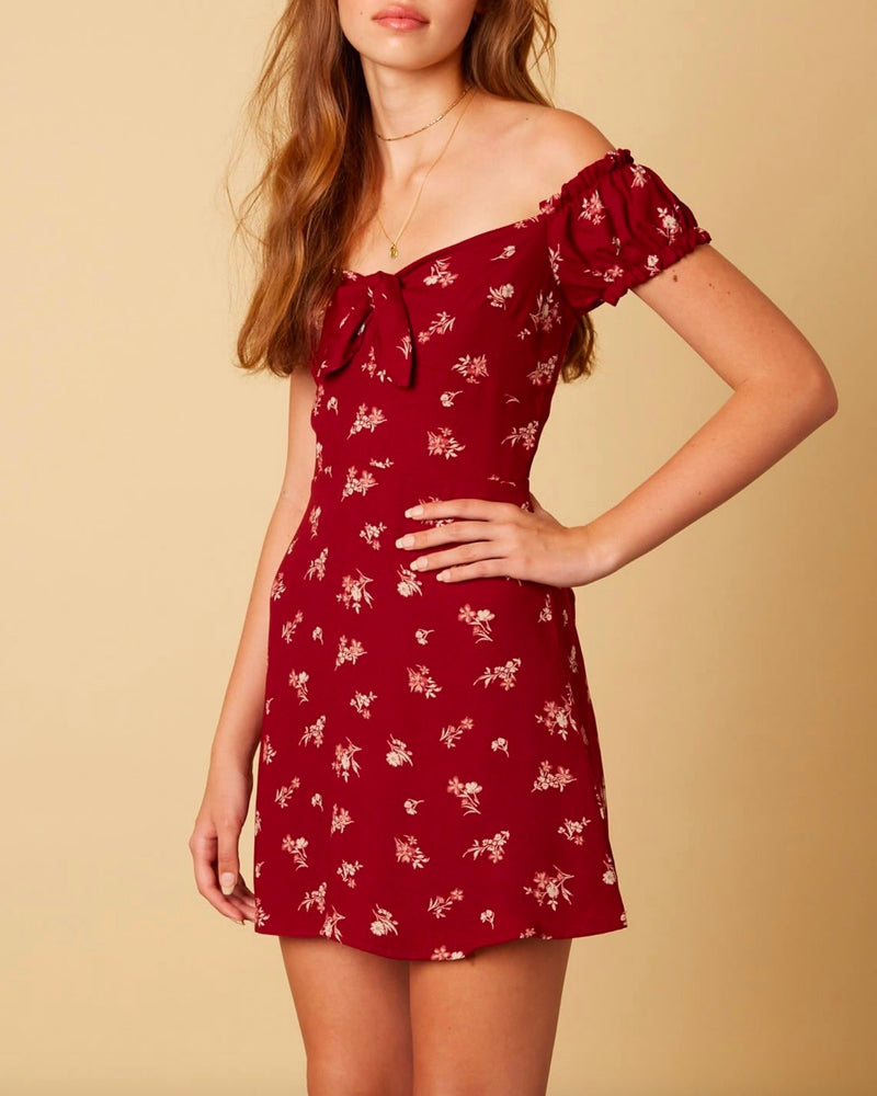 Off The Shoulder Sweetheart Front Tie Fit and Flare Mini Dress - Floral Burgundy