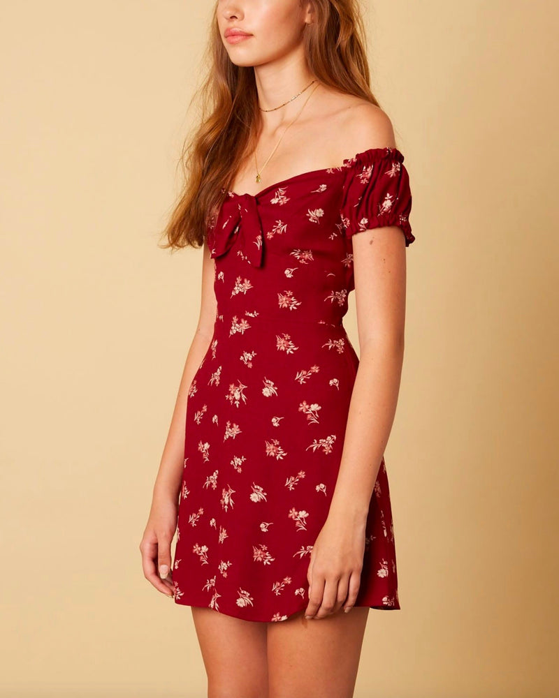 Off The Shoulder Sweetheart Front Tie Fit and Flare Mini Dress - Floral Burgundy
