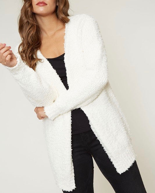 Fuzzy Knit Open Front Long Sleeve Cardigan in Ivory