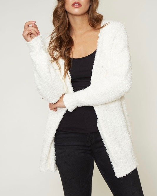 Fuzzy Knit Open Front Long Sleeve Cardigan in Ivory