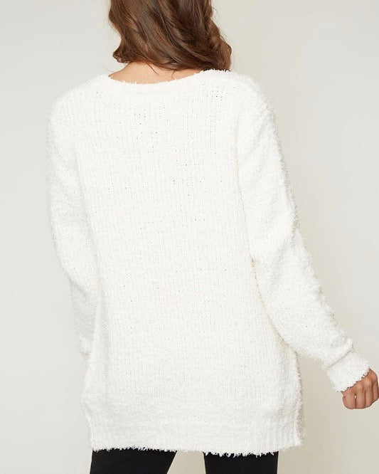 Fuzzy Knit Open Front Long Sleeve Cardigan in Ivory