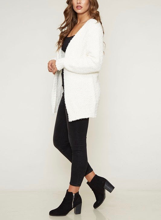 Fuzzy Knit Open Front Long Sleeve Cardigan in Ivory