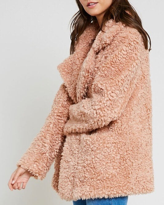 Open Front Teddy Bear Jacket With Pockets - Fall Rose