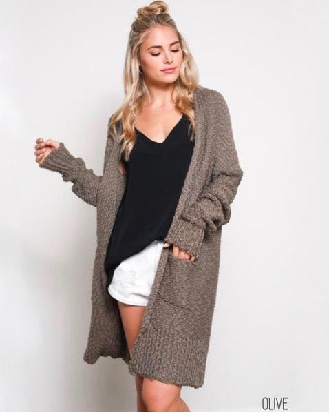 Open Front Longline Cardigan in Olive