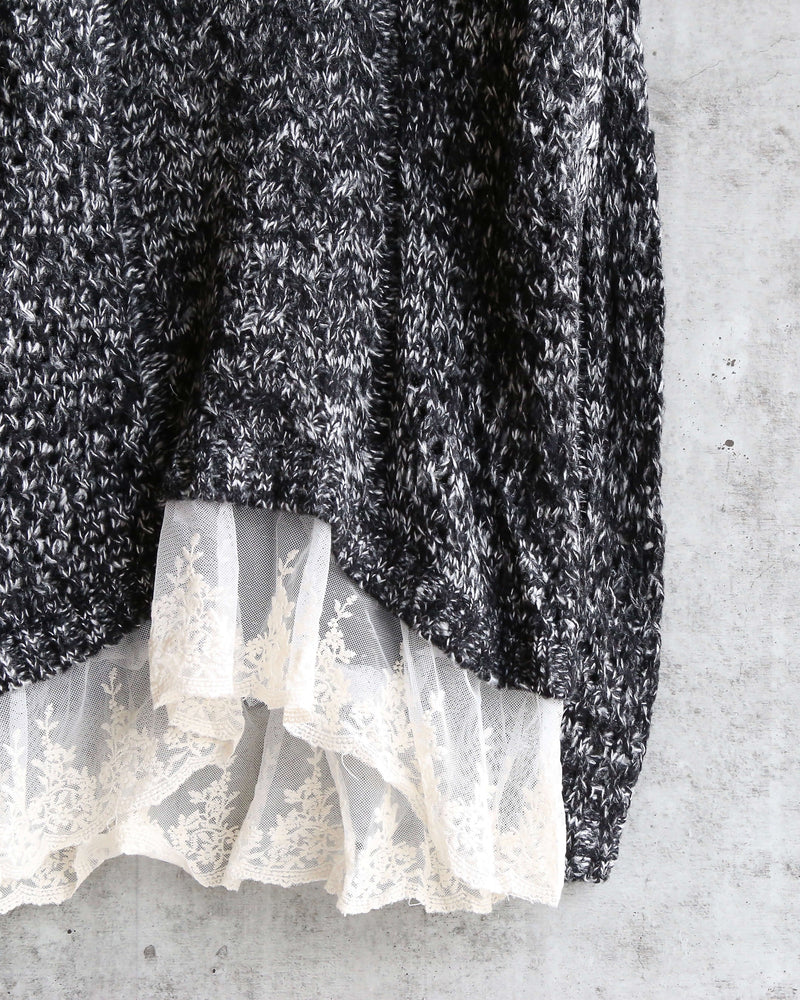 Open Knit Sweater with Lace Hem in Marle Charcoal