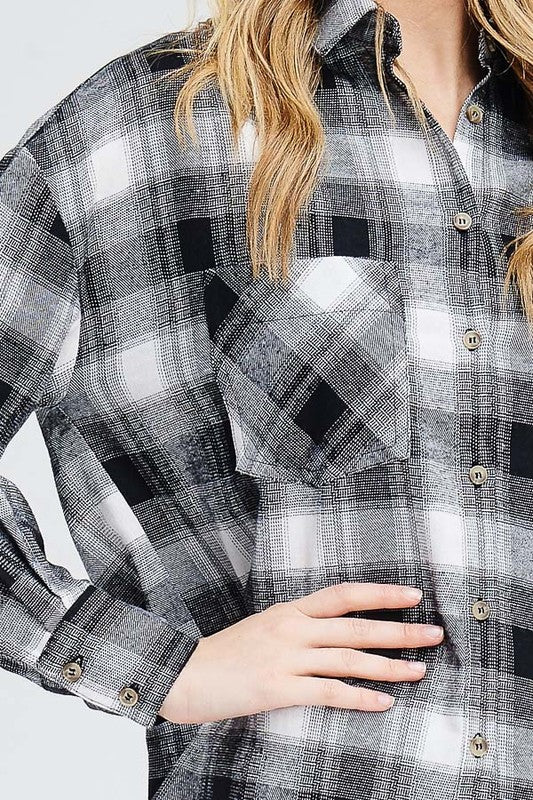 Slightly Oversized Buffalo Plaid Flannel Button Down in Black/Off White