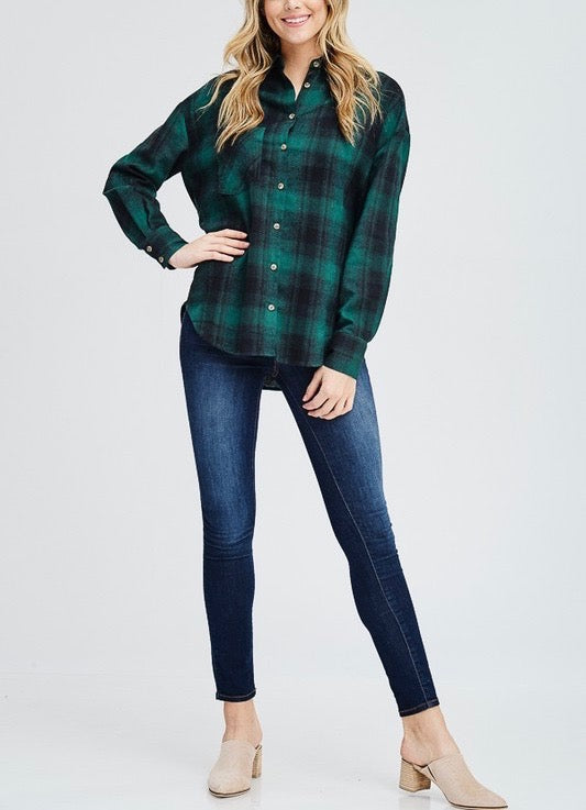 Slightly Oversized Buffalo Plaid Flannel Button Down in Green/Black