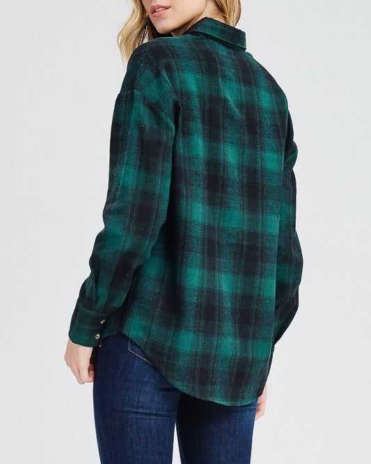 Slightly Oversized Buffalo Plaid Flannel Button Down in Green/Black