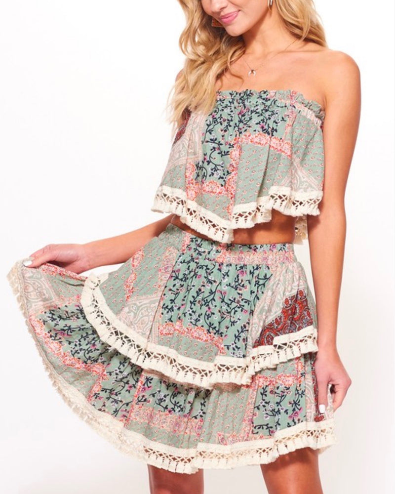 Paisley Printed Strapless Top Skirt Set with Tassel Trim in Olive