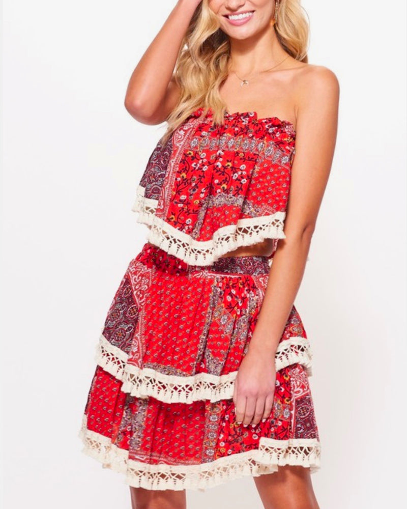 Paisley Printed Strapless Top Skirt Set with Tassel Trim in Red