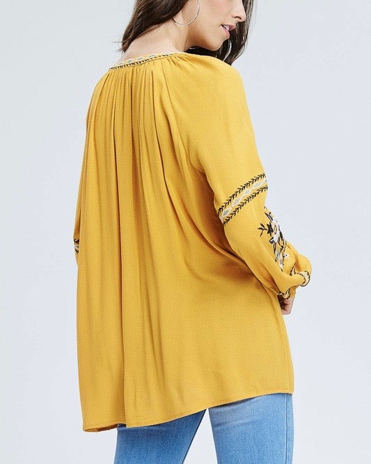 Peasant Blouse with Embroidered Detailing in Mustard