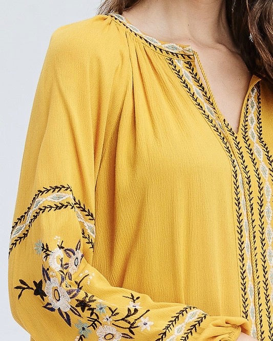 Peasant Blouse with Embroidered Detailing in Mustard