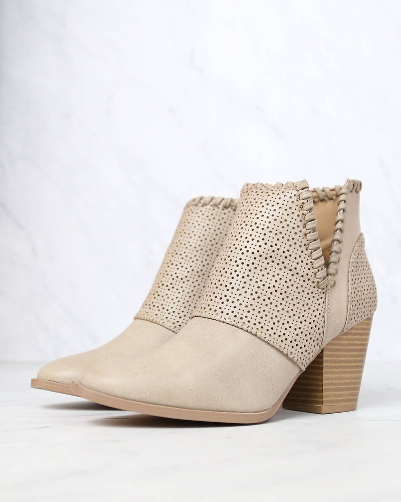 Perforated Chunky Heeled Booties in Burnish Taupe PU