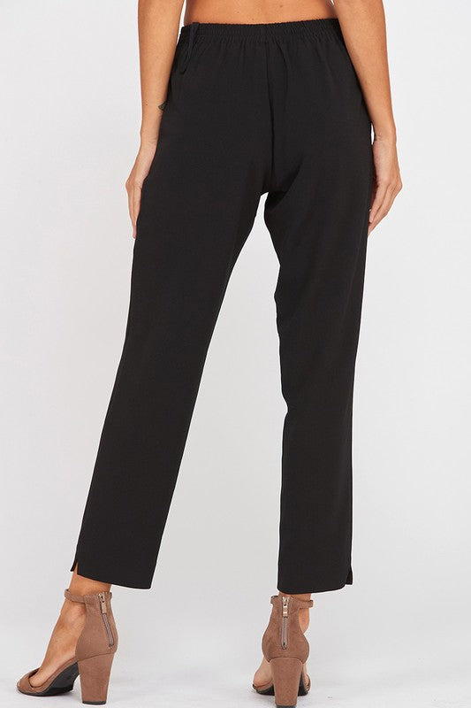 Pleated Belted Bow Crepe Pants with Pockets in Black