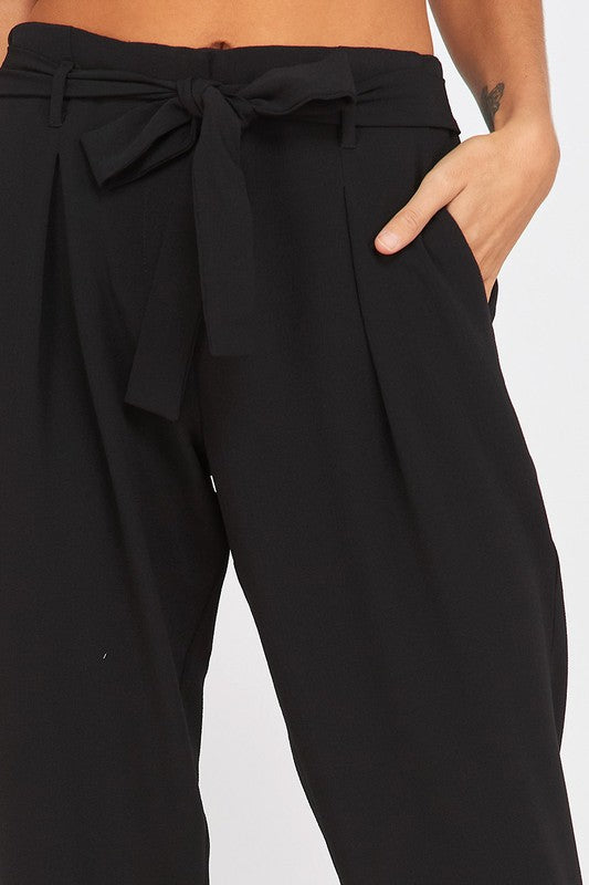 Pleated Belted Bow Crepe Pants with Pockets in Black
