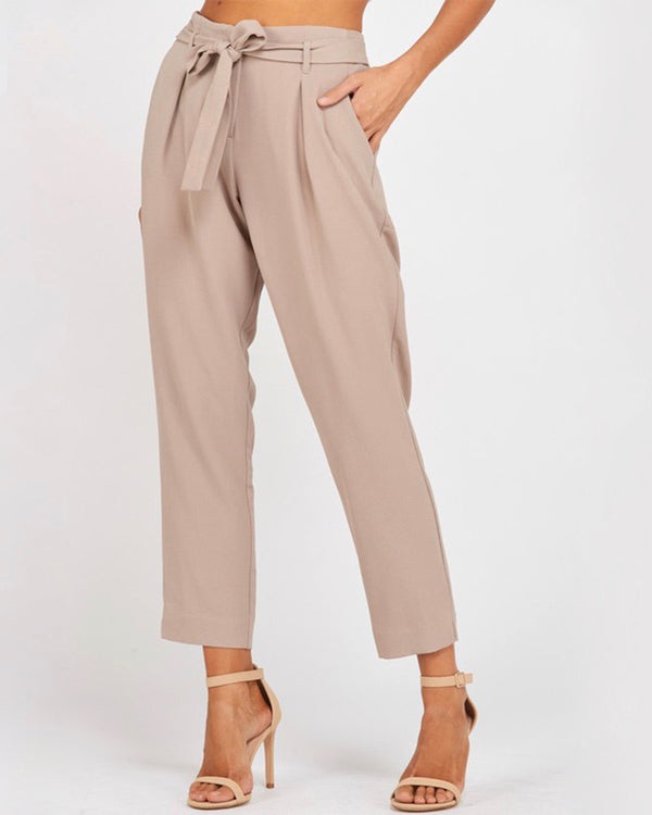Pleated Belted Bow Crepe Pants with Pockets in Mauve